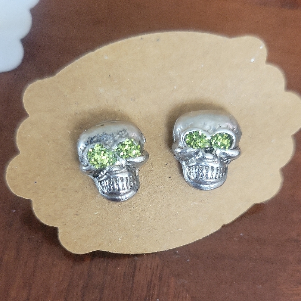 Green Crystal Skull Stud Earrings - Silver Tone